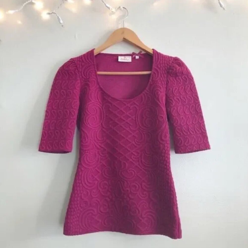 Anthropologie Deletta Athlone Top L Quilted Jacquard Puff Sleeve Berry / Fuchsia